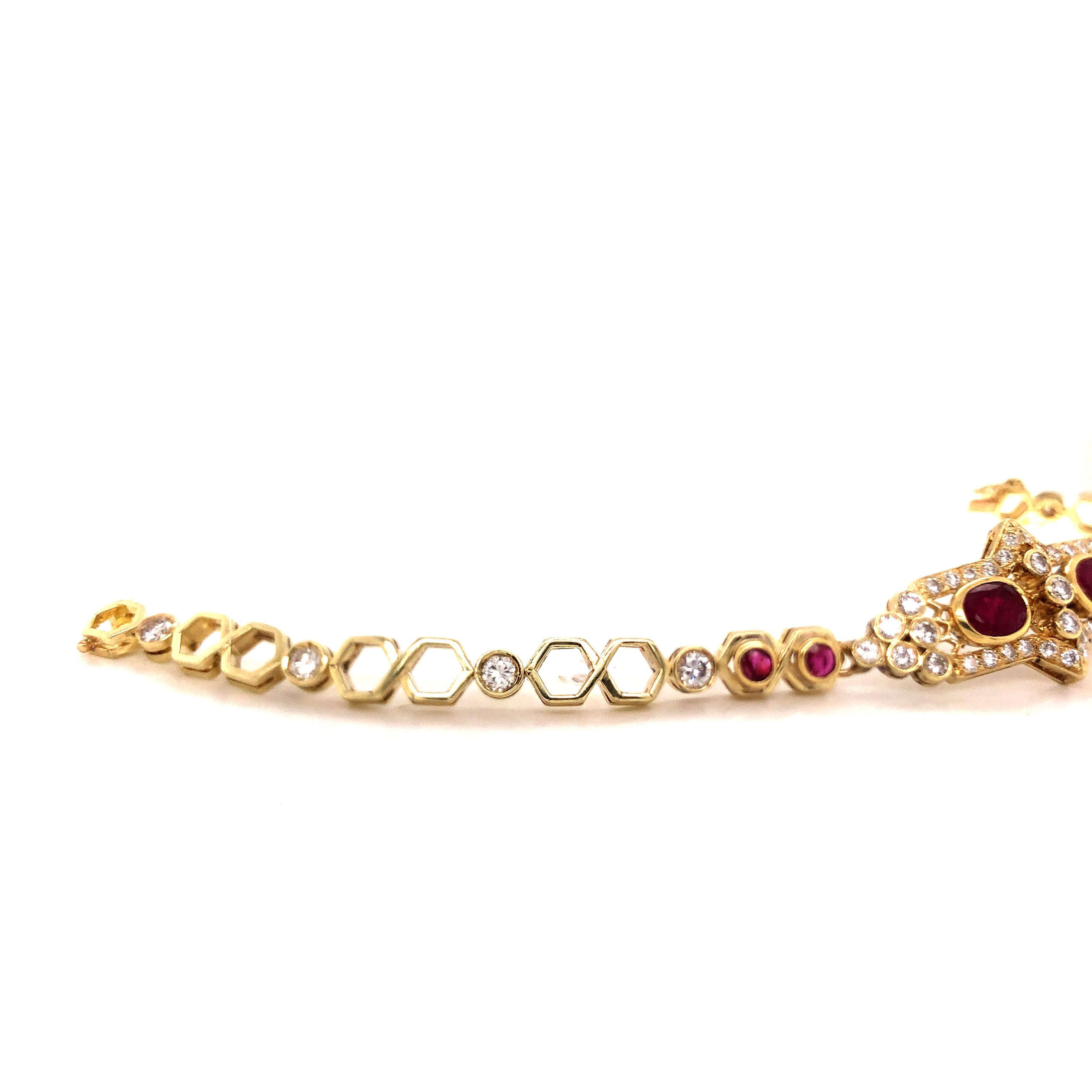 Retro Ruby and Diamond Honeycomb Link 14 Karat Yellow Gold Bracelet