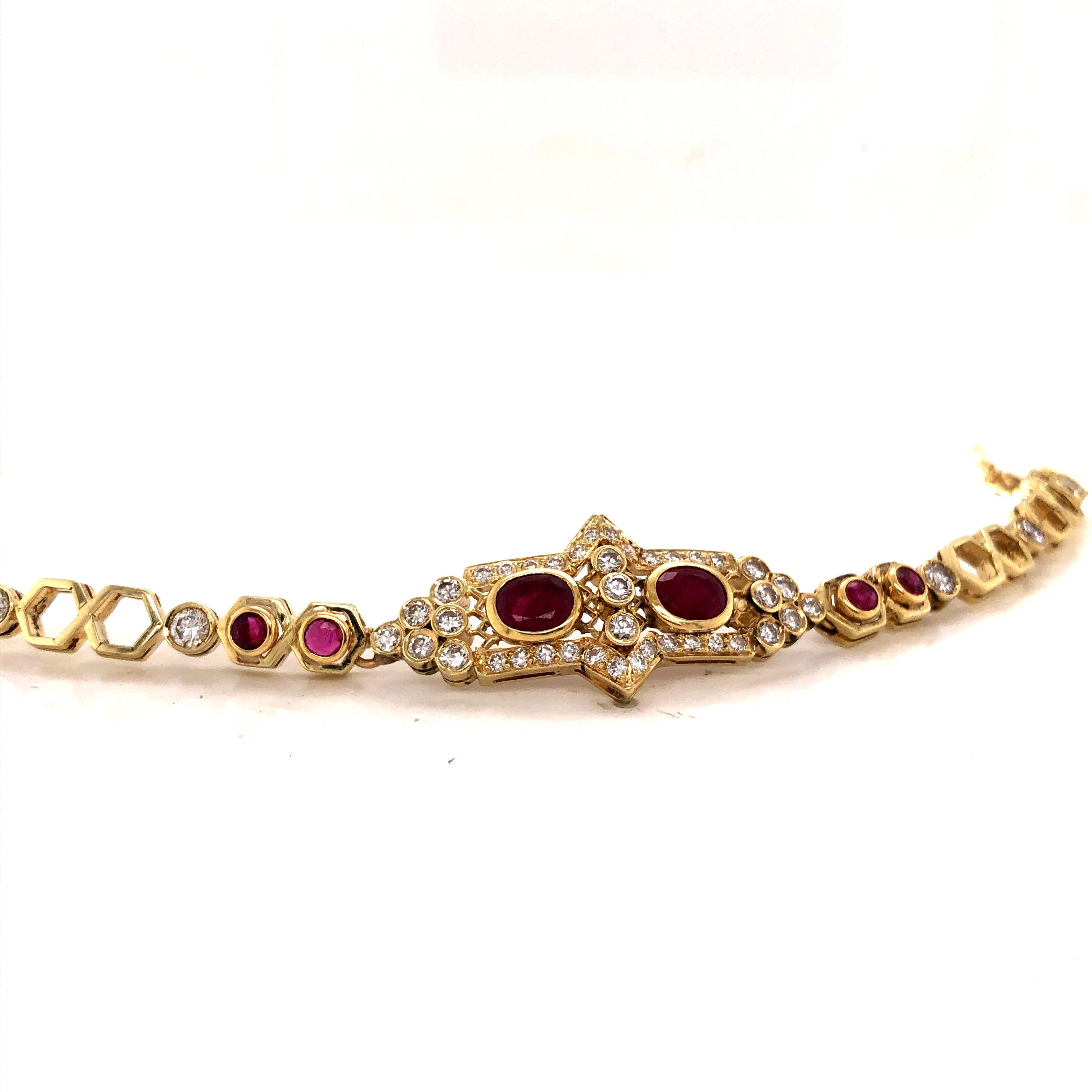Women's or Men's Ruby and Diamond Honeycomb Link 14 Karat Yellow Gold Bracelet