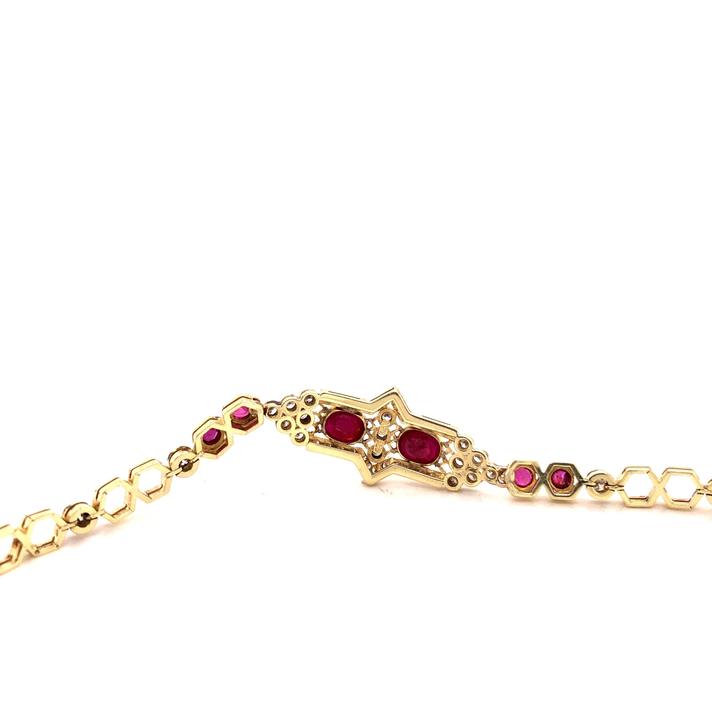 Ruby and Diamond Honeycomb Link 14 Karat Yellow Gold Bracelet 1