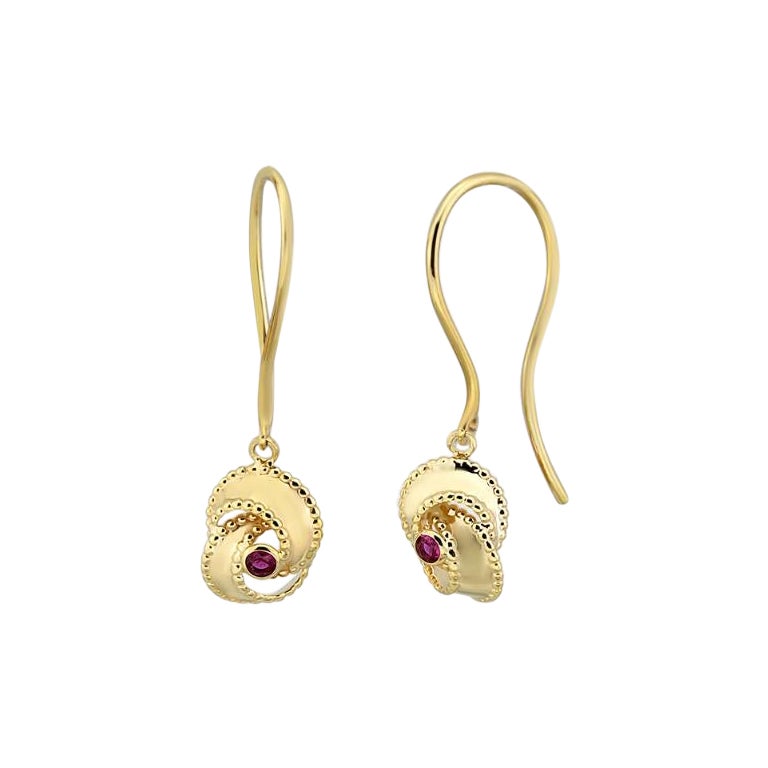 Ruby Diamond Hook Earrings in 14K Solid Yellow Gold For Sale