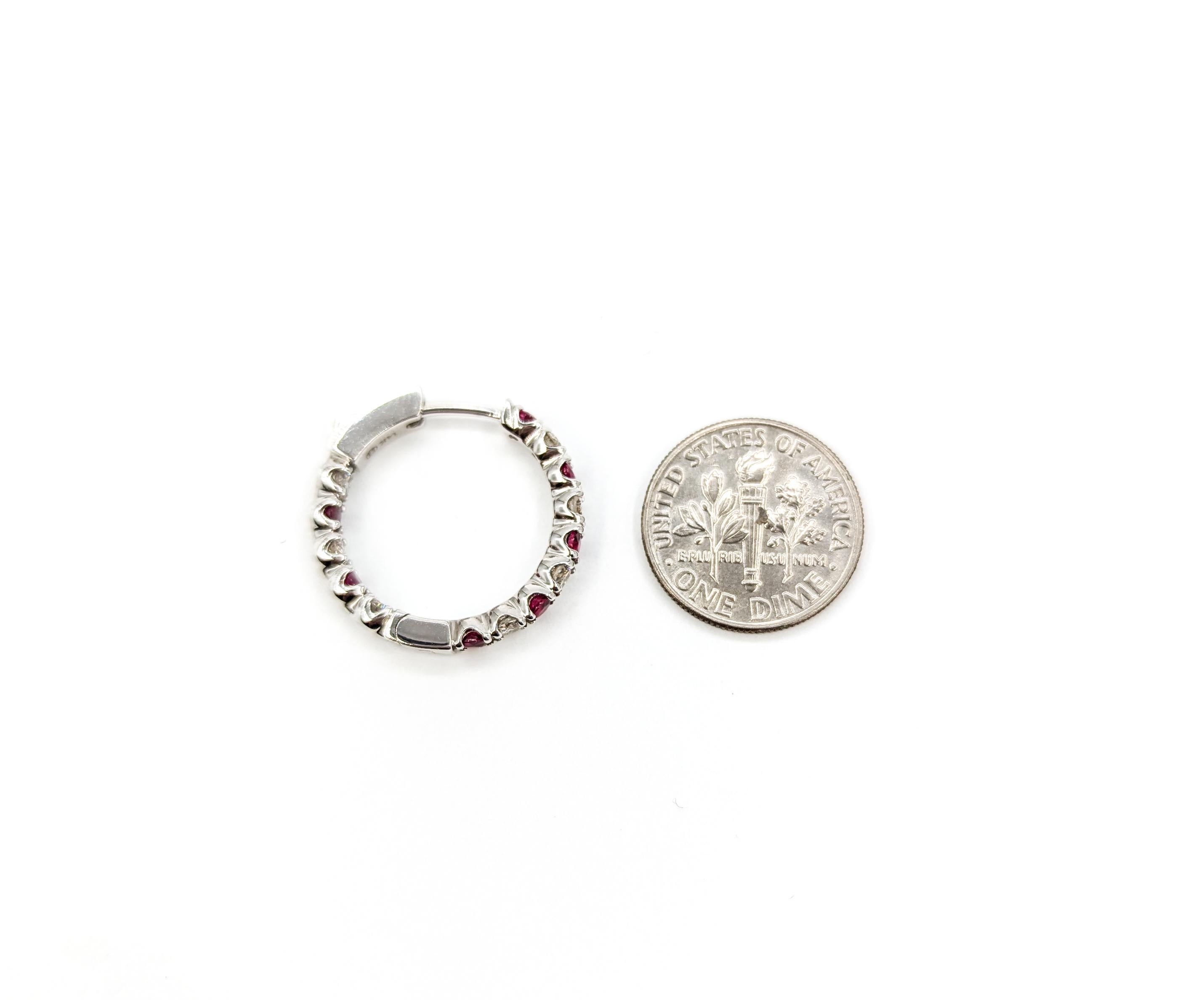 Ruby & Diamond Hoop Earrings in White Gold In Excellent Condition For Sale In Bloomington, MN