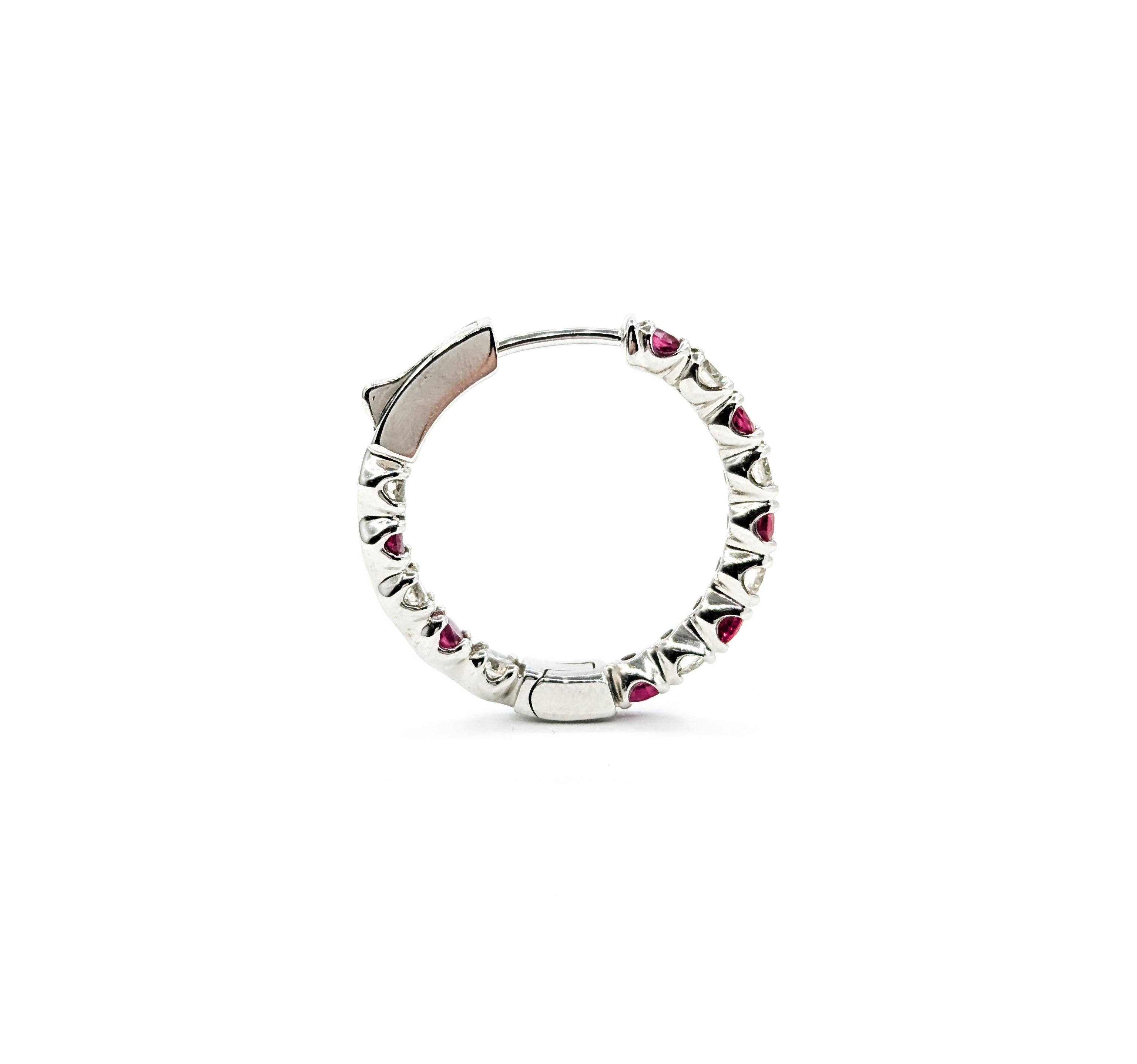 Women's Ruby & Diamond Hoop Earrings in White Gold For Sale