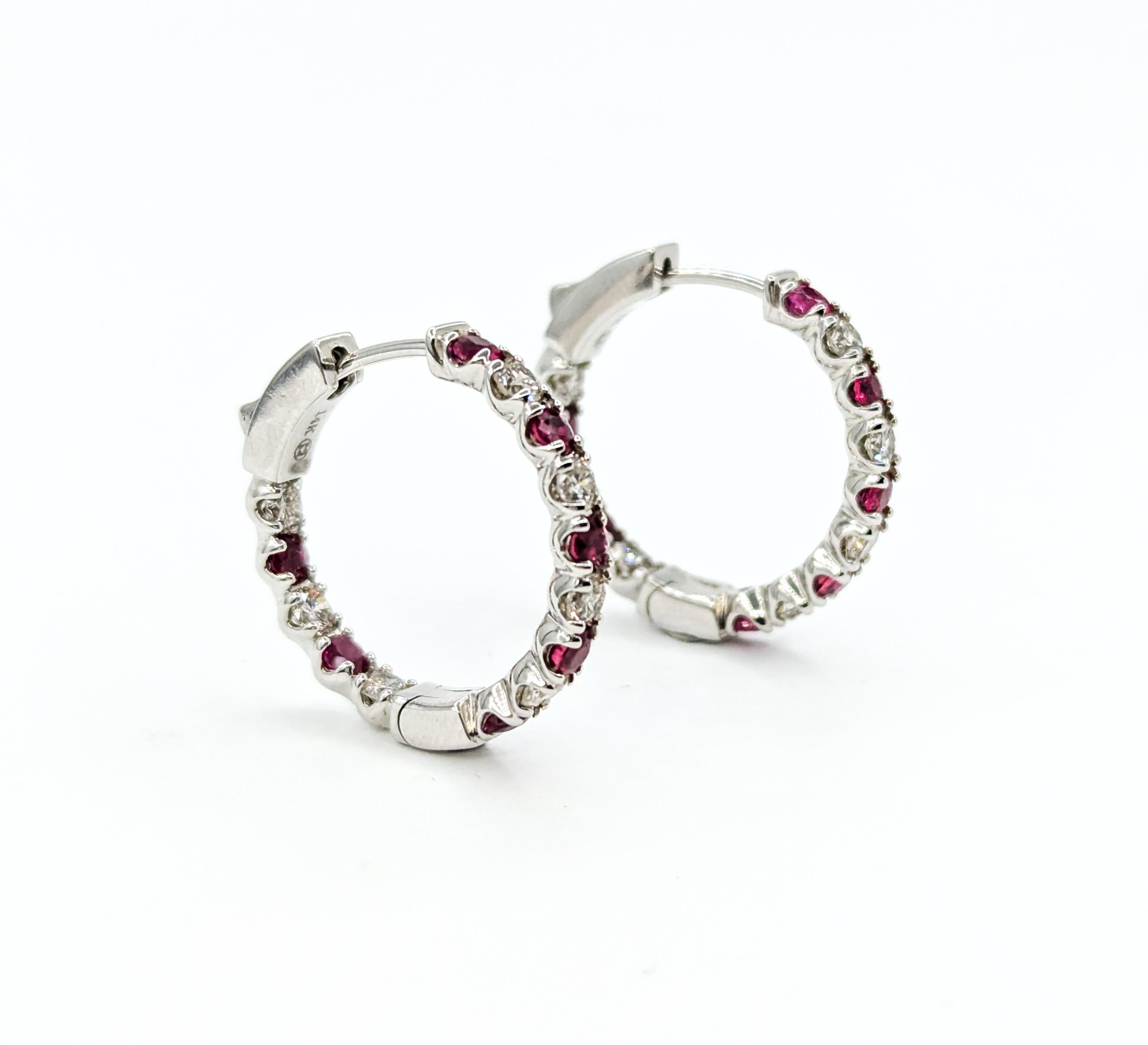 Ruby & Diamond Hoop Earrings in White Gold For Sale 1