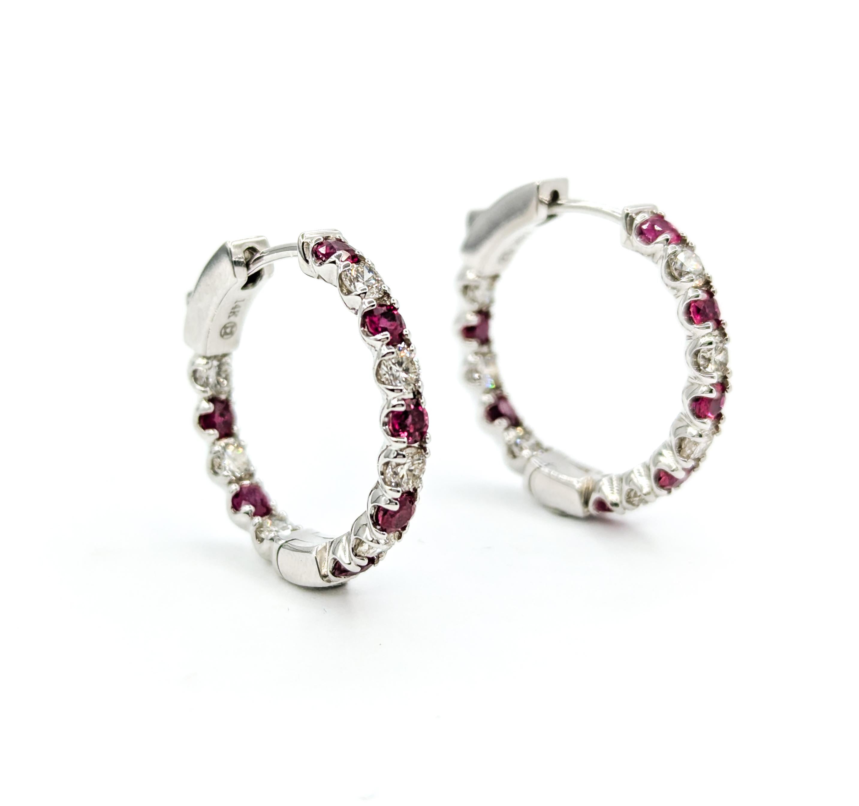 Ruby & Diamond Hoop Earrings in White Gold For Sale 3