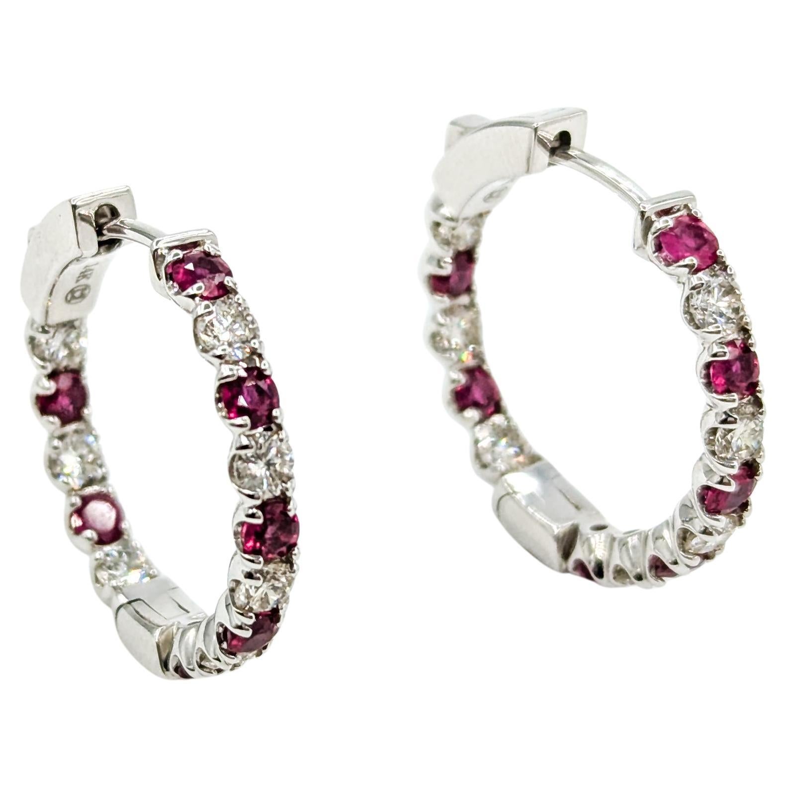 Ruby & Diamond Hoop Earrings in White Gold