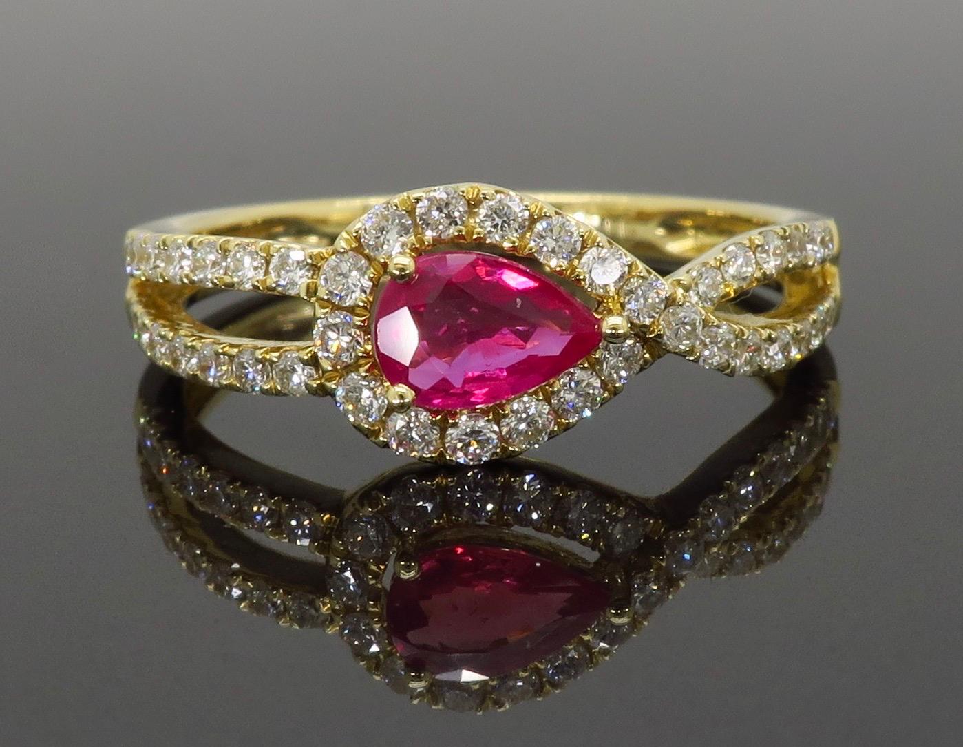 Pear Cut Ruby and Diamond Horizontal Halo Ring