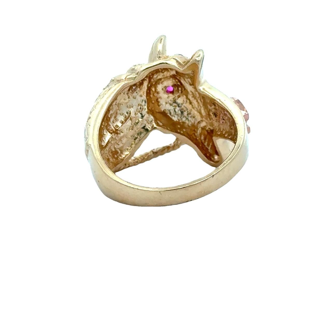 Ruby & Diamond Horse with Horseshoe 14K Gold Vintage Ring For Sale 5