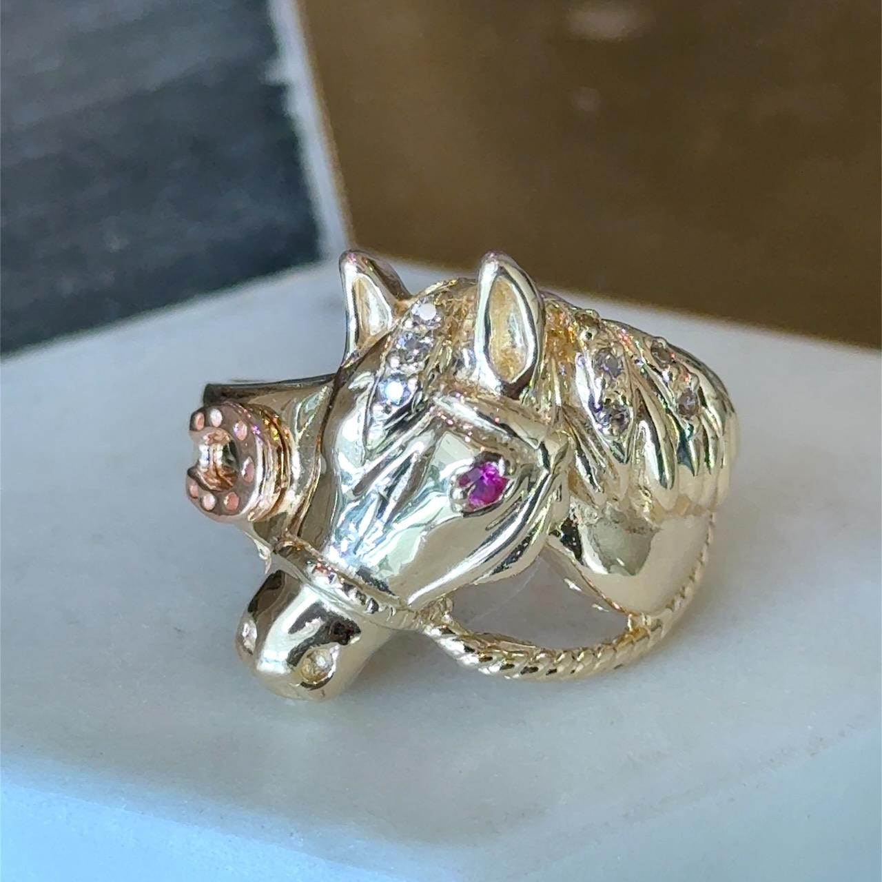 Women's or Men's Ruby & Diamond Horse with Horseshoe 14K Gold Vintage Ring For Sale