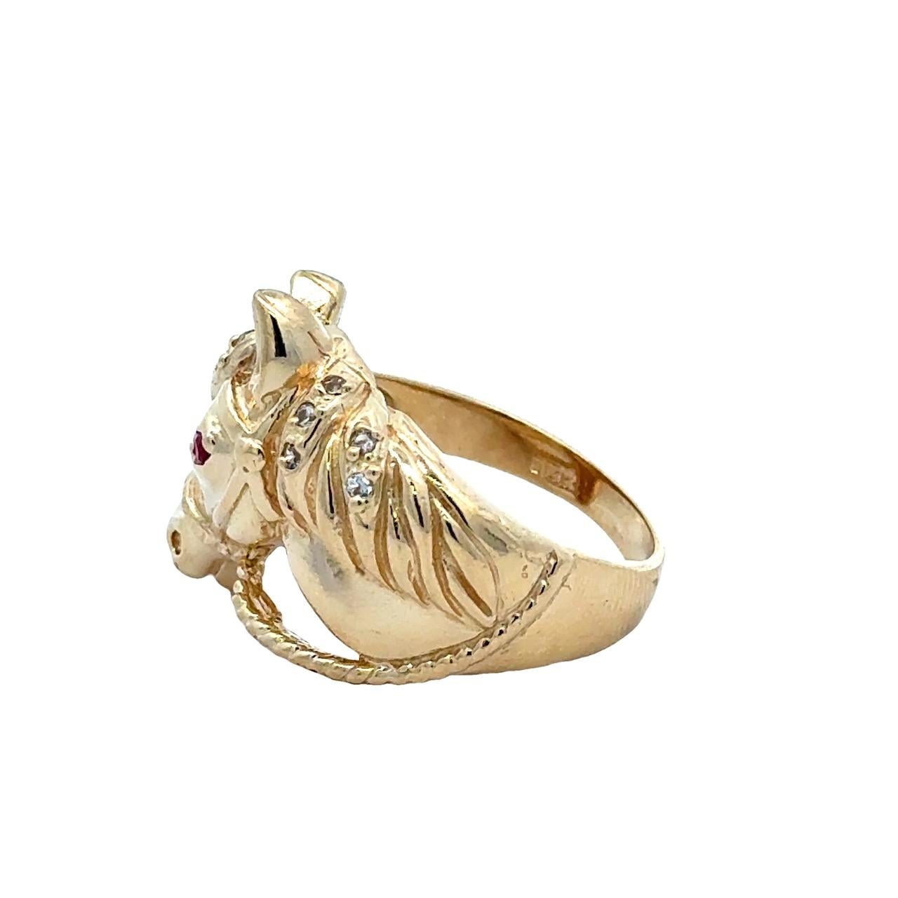 Ruby & Diamond Horse with Horseshoe 14K Gold Vintage Ring For Sale 1