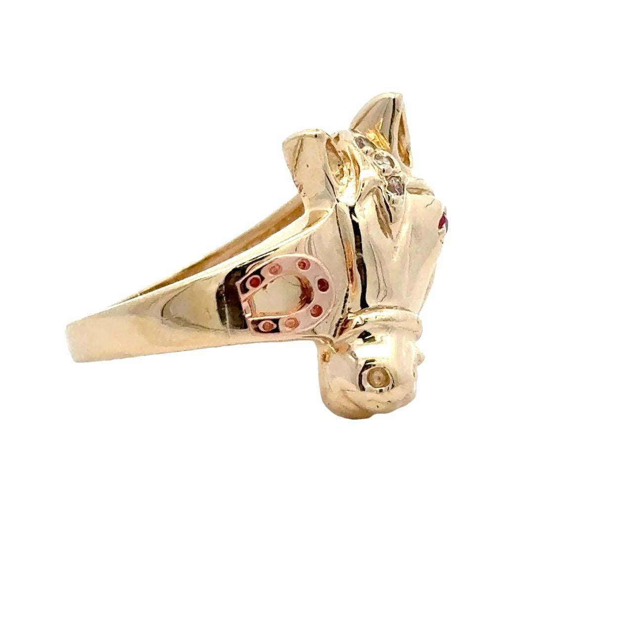 Ruby & Diamond Horse with Horseshoe 14K Gold Vintage Ring For Sale 2