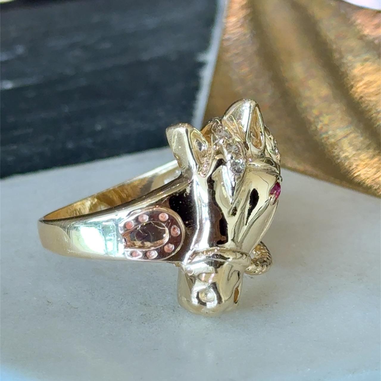 Ruby & Diamond Horse with Horseshoe 14K Gold Vintage Ring For Sale 3