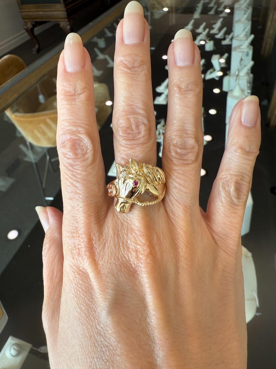 Ruby & Diamond Horse with Horseshoe 14K Gold Vintage Ring For Sale 4