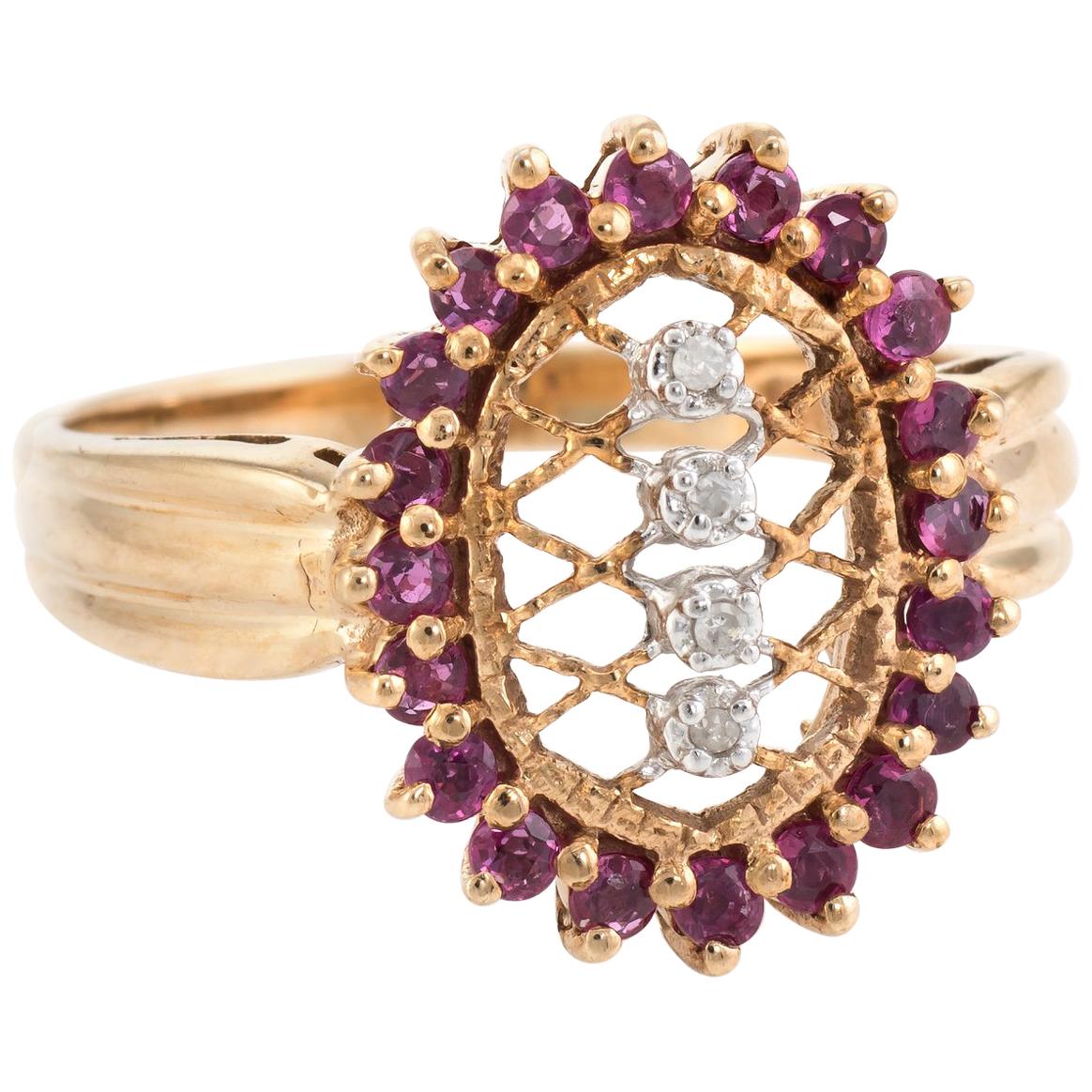 Ruby Diamond Lattice Cocktail Ring Vintage 10 Karat Gold Estate Fine Jewelry