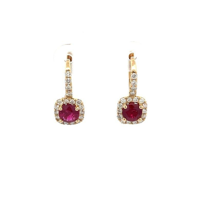 Modern Ruby & Diamond Lever-Back Earrings R1.68ct D.52ct 14k Yellow Gold For Sale