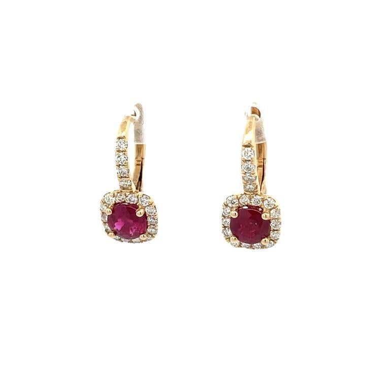 Round Cut Ruby & Diamond Lever-Back Earrings R1.68ct D.52ct 14k Yellow Gold For Sale