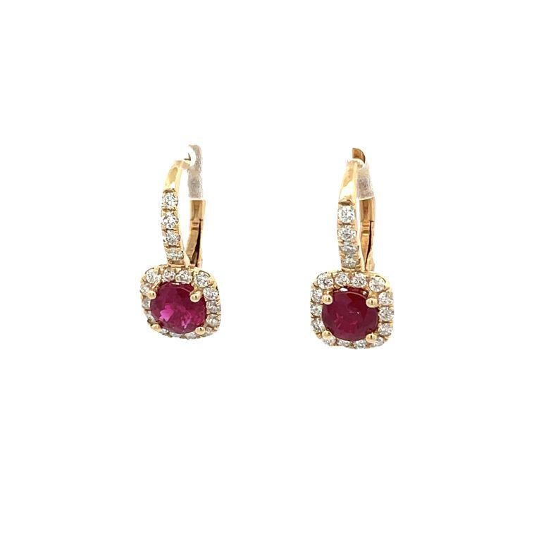 Ruby & Diamond Lever-Back Earrings R1.68ct D.52ct 14k Yellow Gold In New Condition For Sale In New York, NY