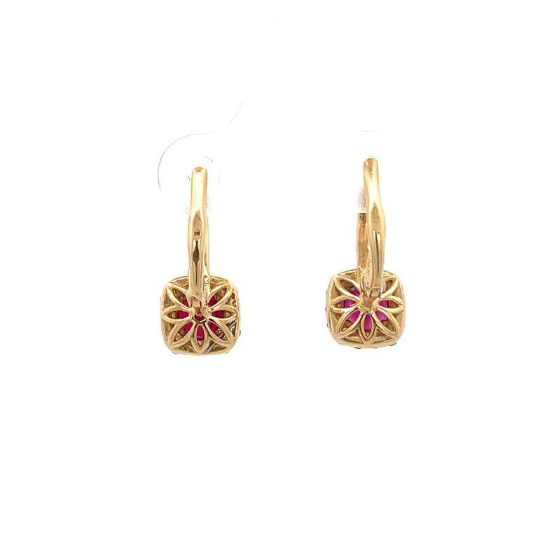 Women's Ruby & Diamond Lever-Back Earrings R1.68ct D.52ct 14k Yellow Gold For Sale