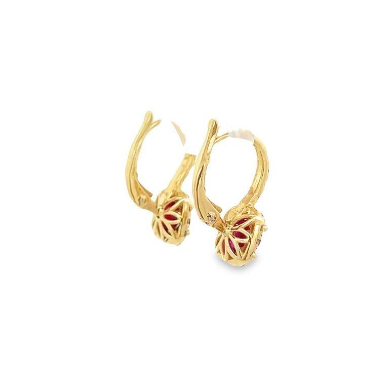 Ruby & Diamond Lever-Back Earrings R1.68ct D.52ct 14k Yellow Gold For Sale 1
