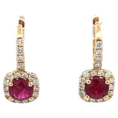Ruby & Diamond Lever-Back Earrings R1.68ct D.52ct 14k Yellow Gold For Sale