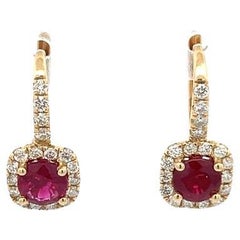 Ruby & Diamond Lever-Back Earrings R1.68ct D.52ct 14k Yellow Gold