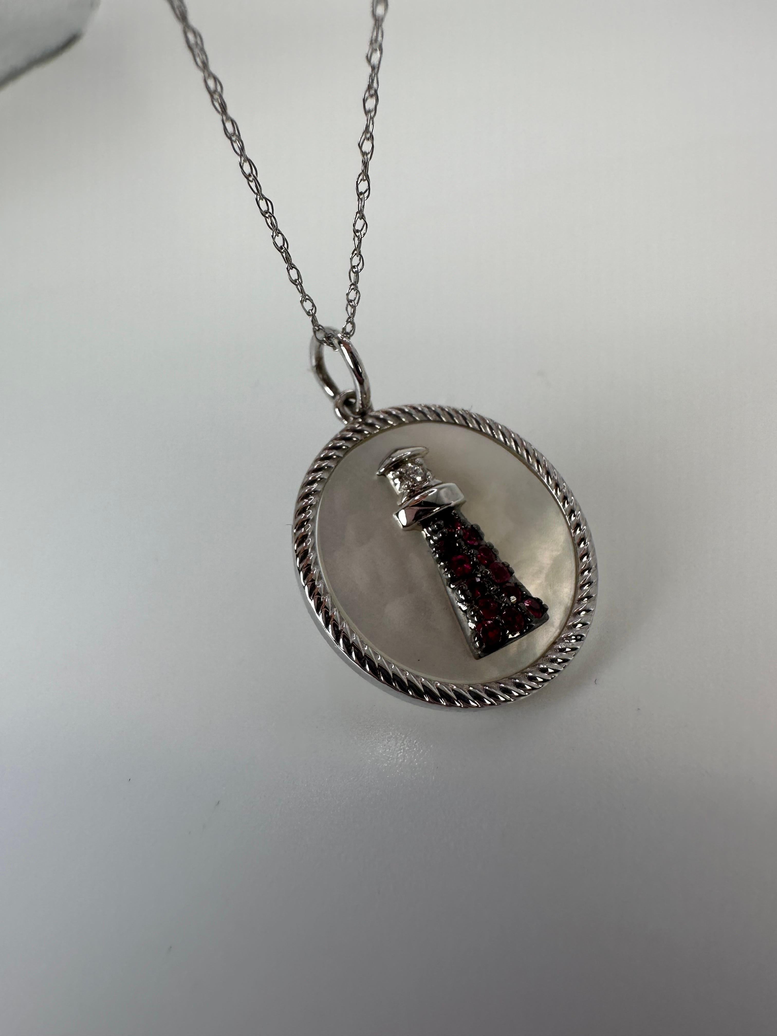 Ruby & diamond lighthouse pendant necklace 14KT white gold In New Condition For Sale In Jupiter, FL