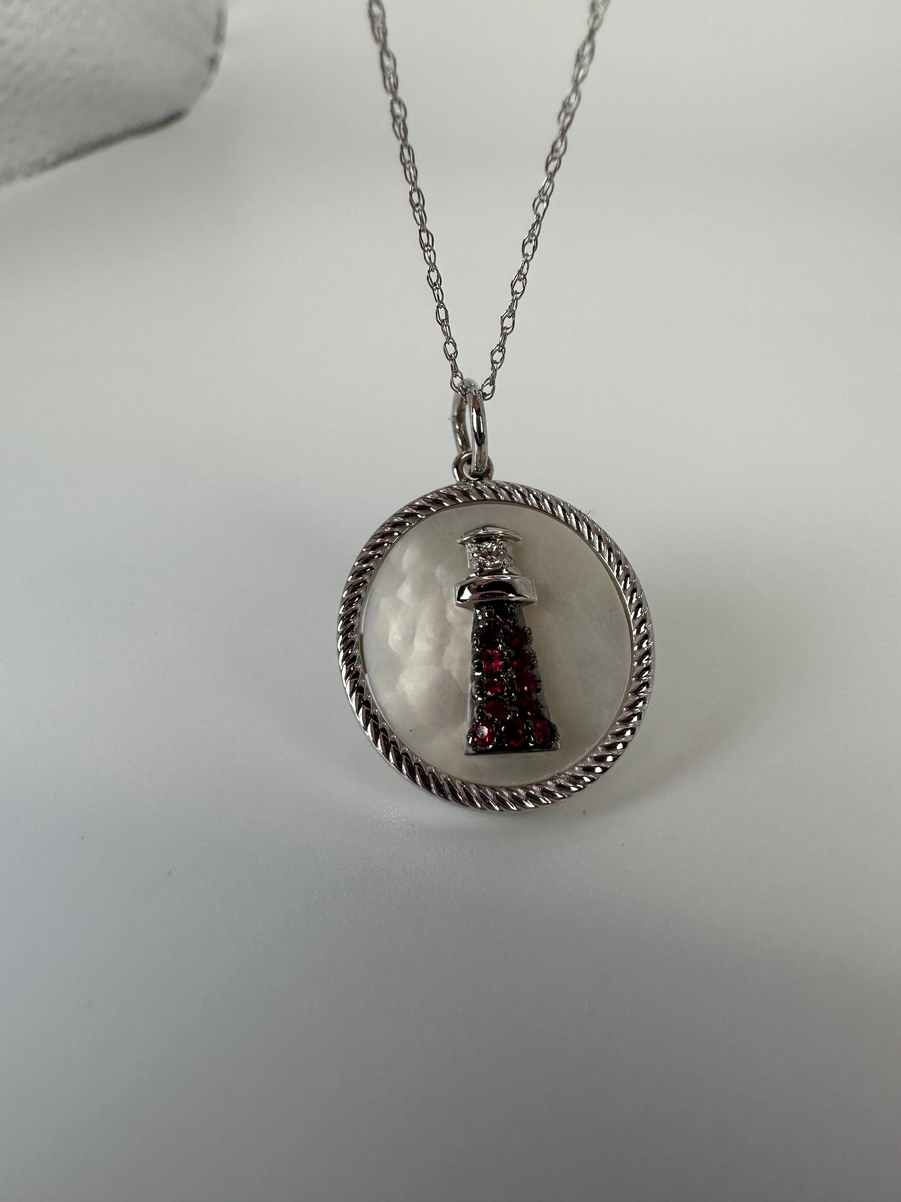 Ruby & diamond lighthouse pendant necklace 14KT white gold For Sale 1