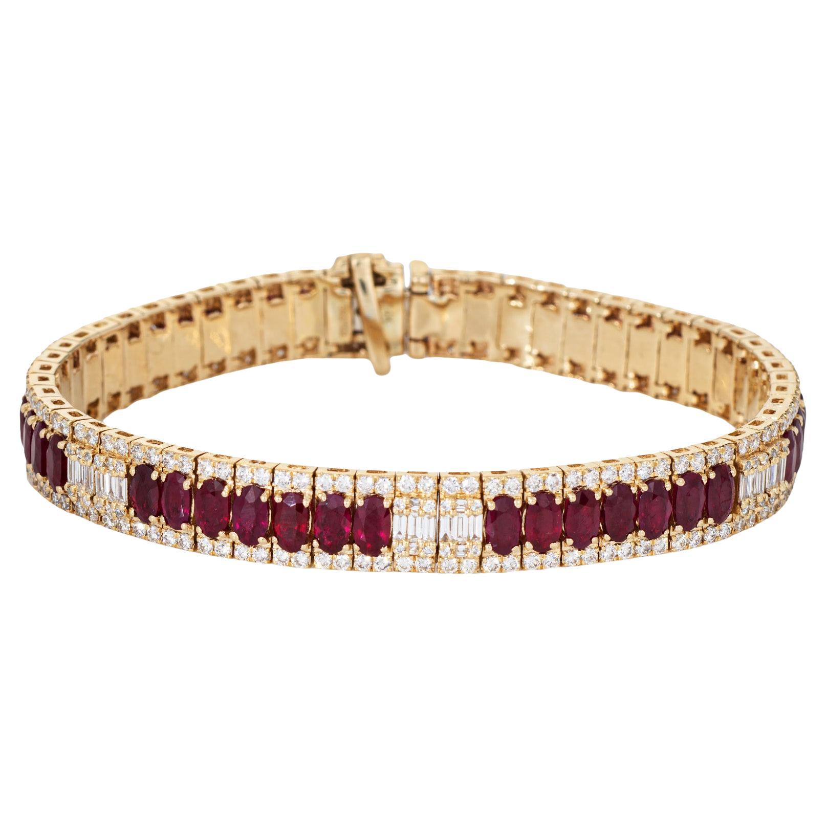 Bracciale linea rubino diamante Estate Oro Giallo 14k 7" Vintage Fine Jewelry