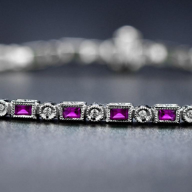 Art Deco Alternate Baguette Ruby with Round Diamond Bracelet in 18K White Gold For Sale