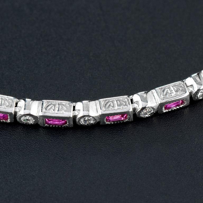 Baguette Cut Alternate Baguette Ruby with Round Diamond Bracelet in 18K White Gold For Sale