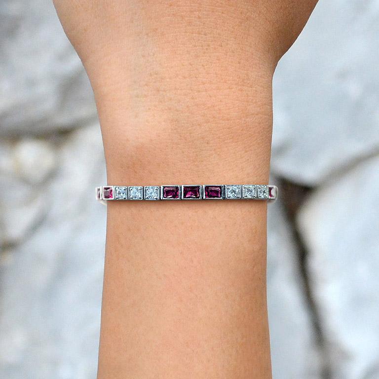 Square Ruby and Diamond Art Deco Style Tennis Bracelet  in 18K White Gold For Sale 4