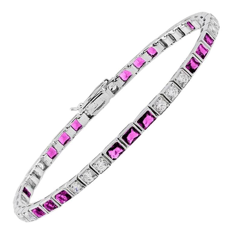 Square Ruby and Diamond Art Deco Style Tennis Bracelet  in 18K White Gold