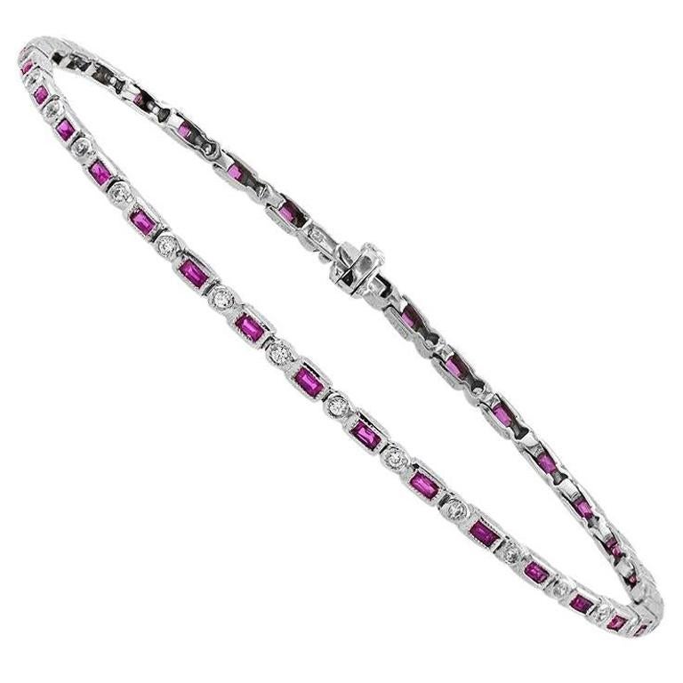Alternate Baguette Ruby with Round Diamond Bracelet in 18K White Gold For Sale