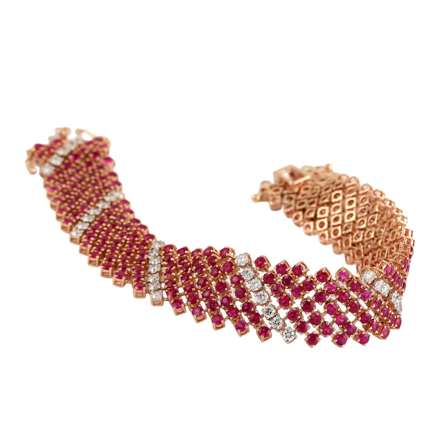 Pulsera de Lujo Línea de Rubíes y Diamantes en Oro Rosa de 14k Corte mixto en venta