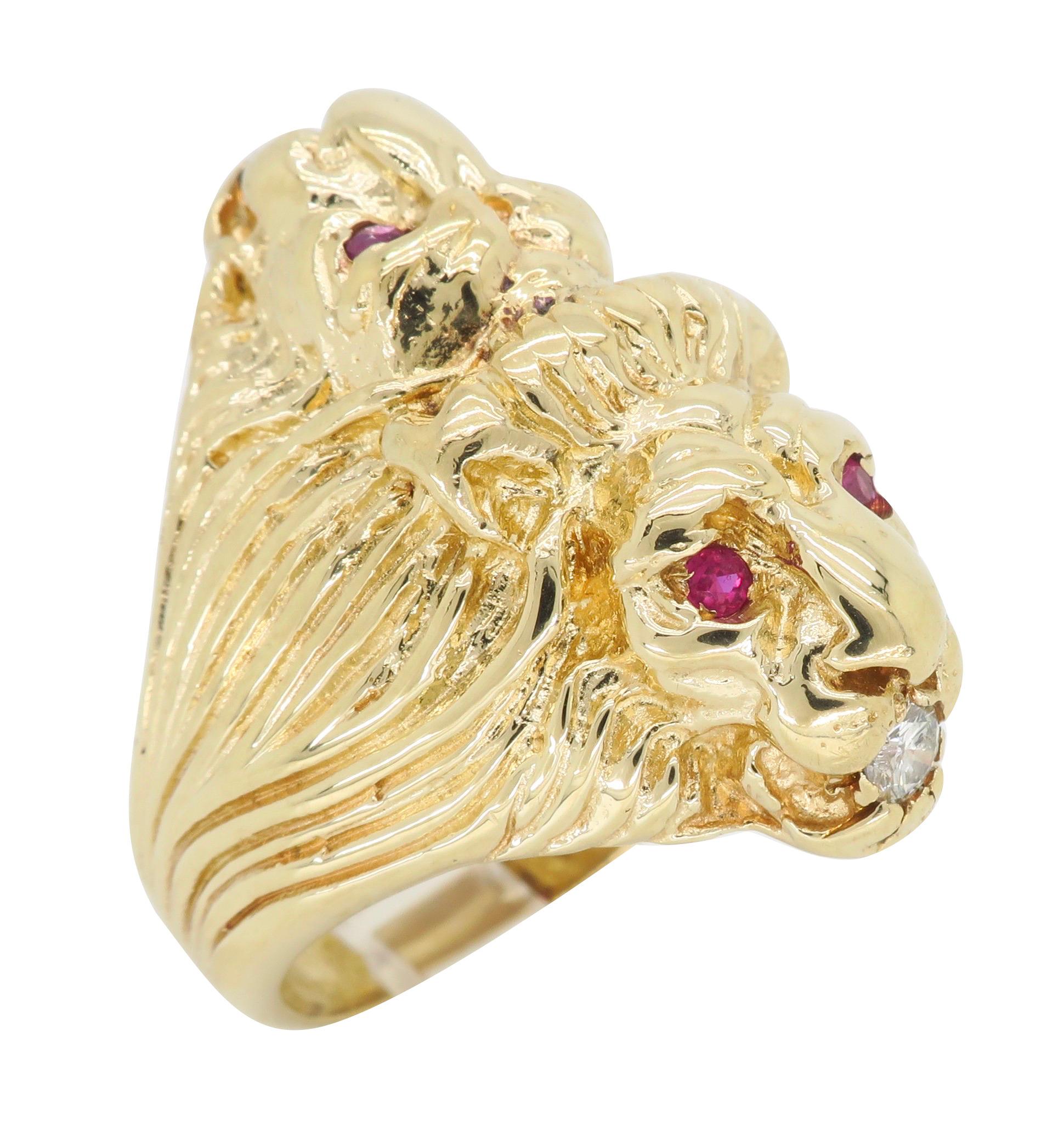 Ruby and Diamond Lion's Head Men's Ring In Good Condition In Webster, NY