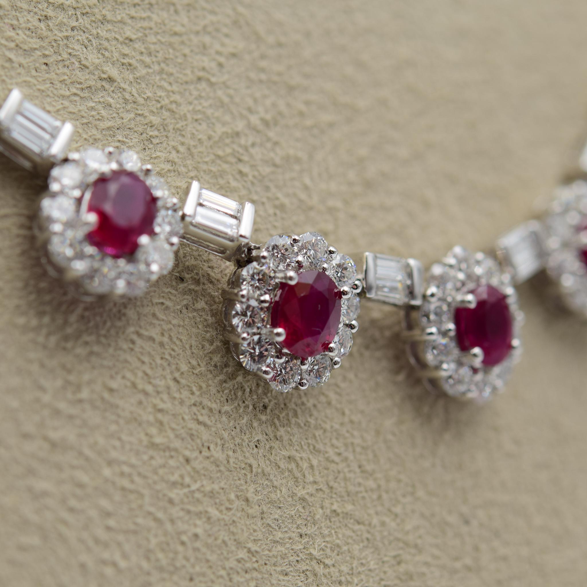 Oval Cut Ruby and Diamond Luxurious Estate Platinum Necklace with 9.60 Carat of Rubies