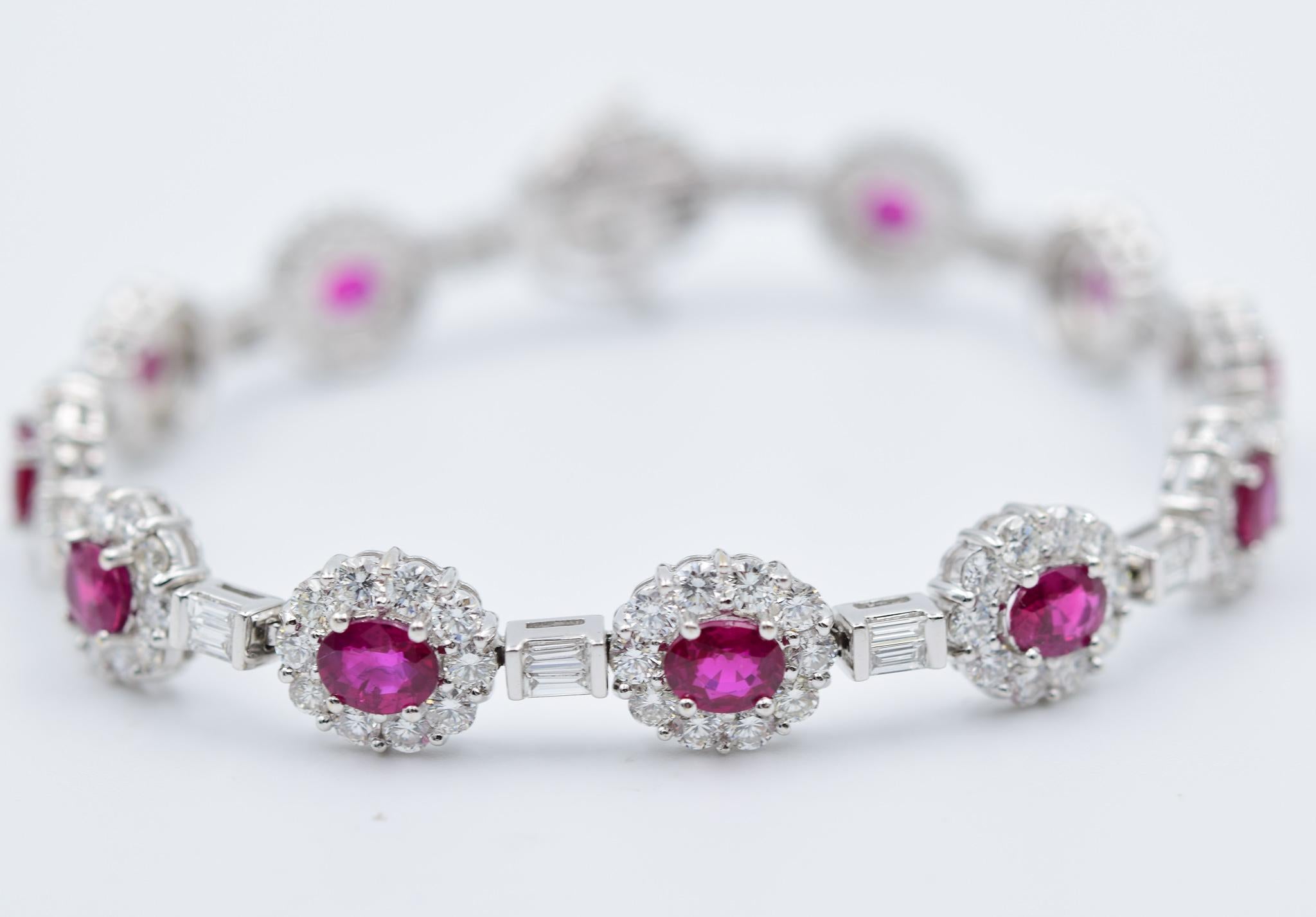 Oval Cut Ruby and Diamond Luxurious Platinum Bracelet with 3.60 Carat of Rubies