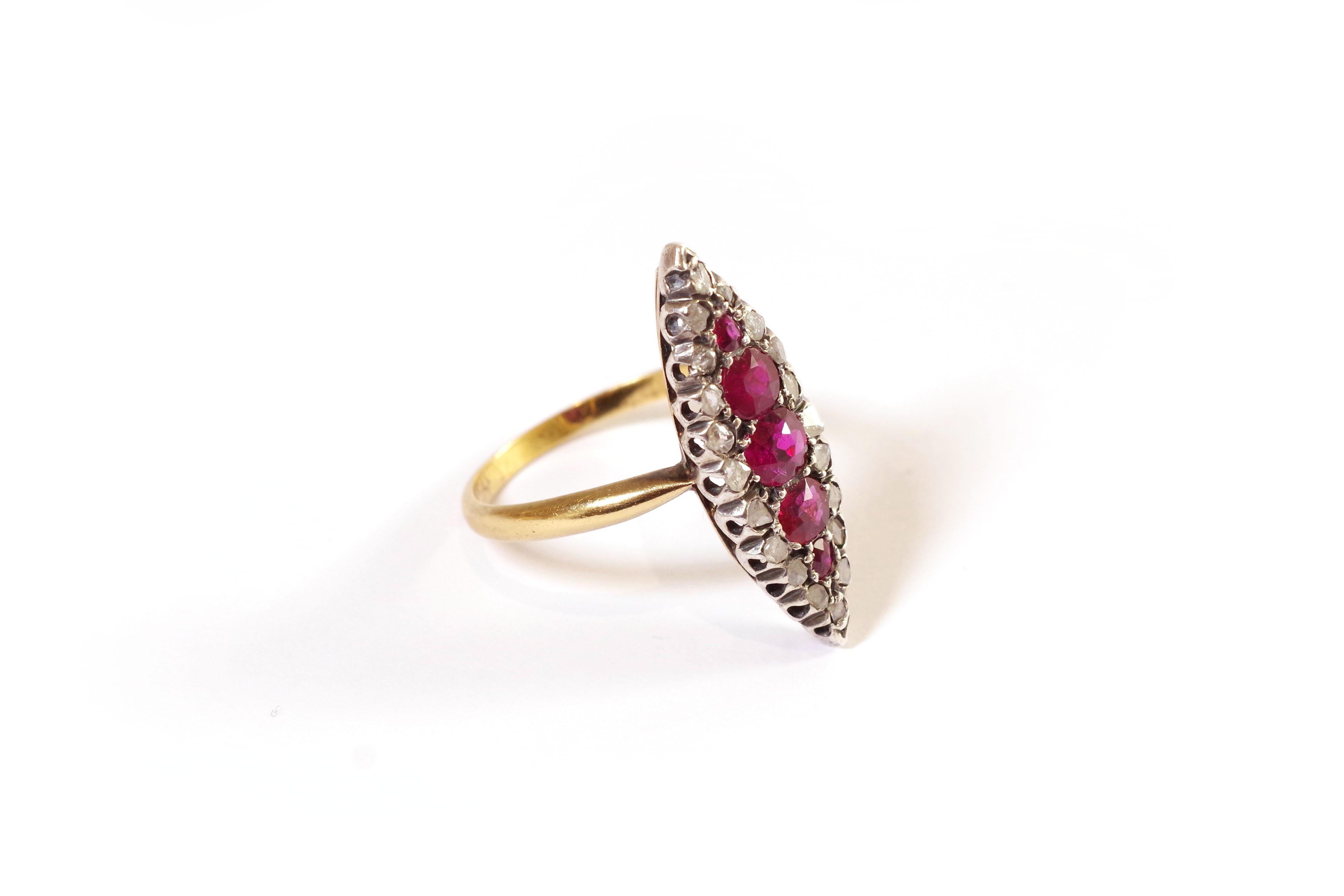 Late Victorian Ruby Diamond Marquise Ring in Rose Gold and Silver, Wedding Ring For Sale
