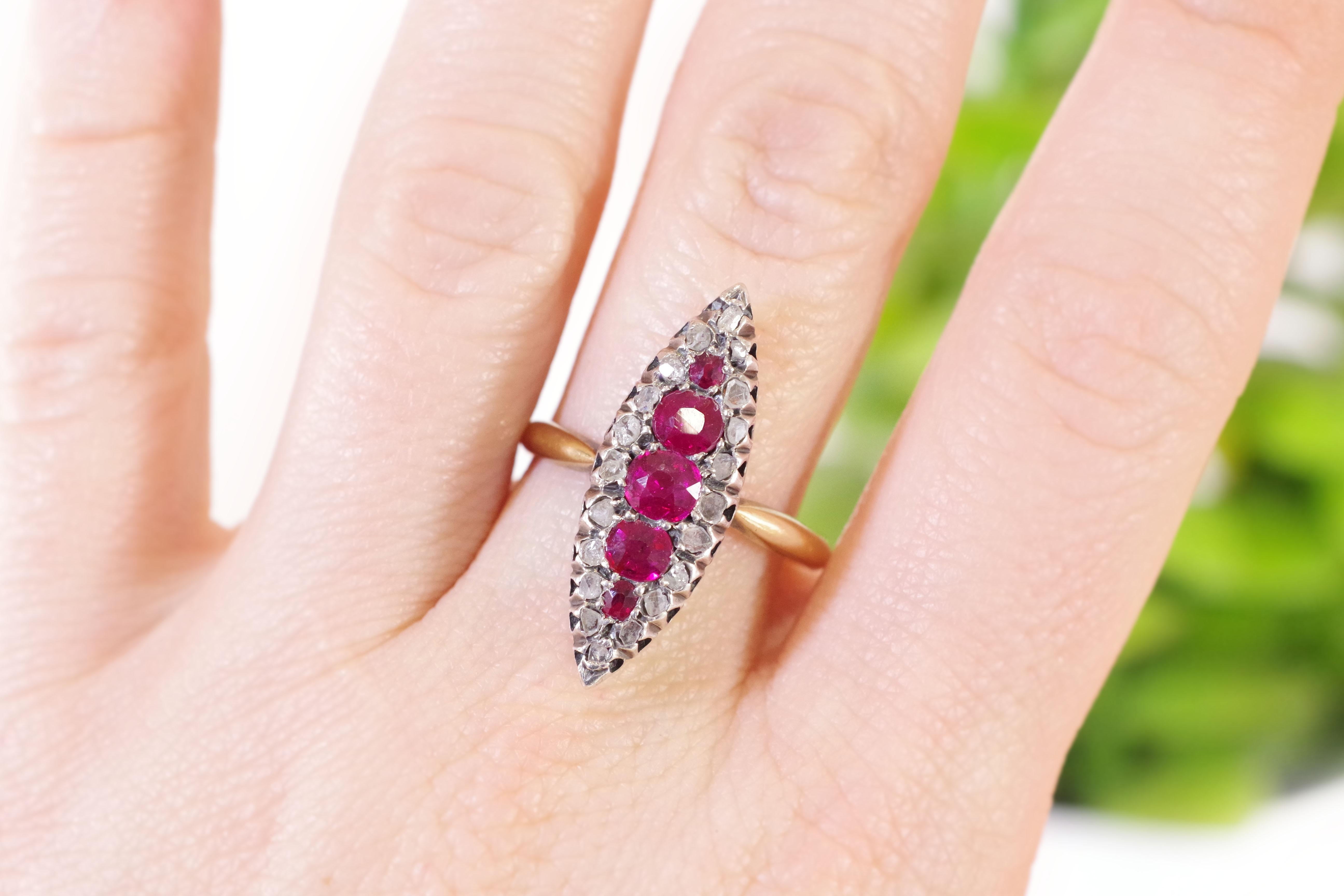 Ruby Diamond Marquise Ring in Rose Gold and Silver, Wedding Ring For Sale 3