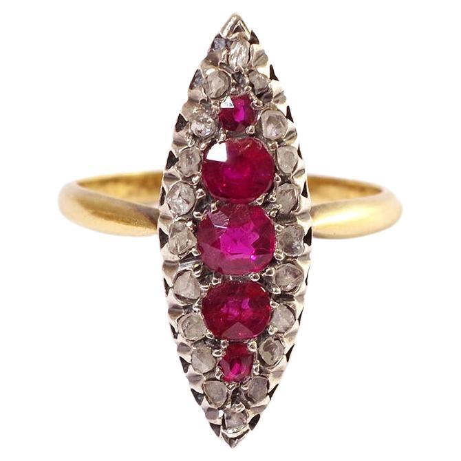 Ruby Diamond Marquise Ring in Rose Gold and Silver, Wedding Ring For Sale