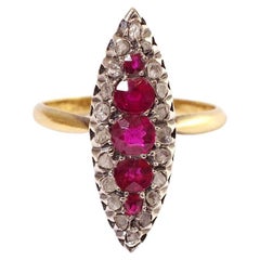Antique Ruby Diamond Marquise Ring in Rose Gold and Silver, Wedding Ring