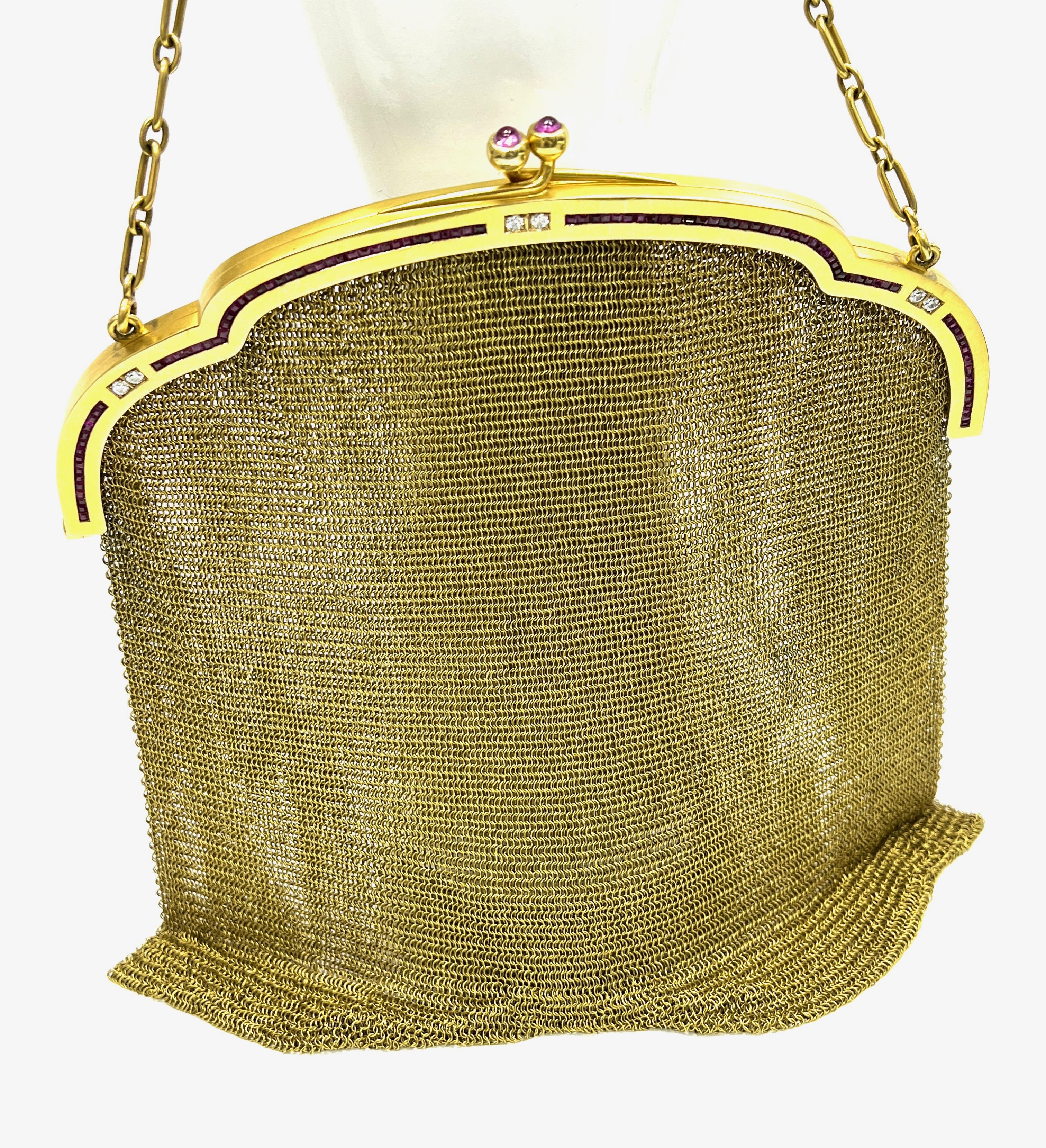 Mixed Cut Ruby Diamond Mesh Gold Purse For Sale