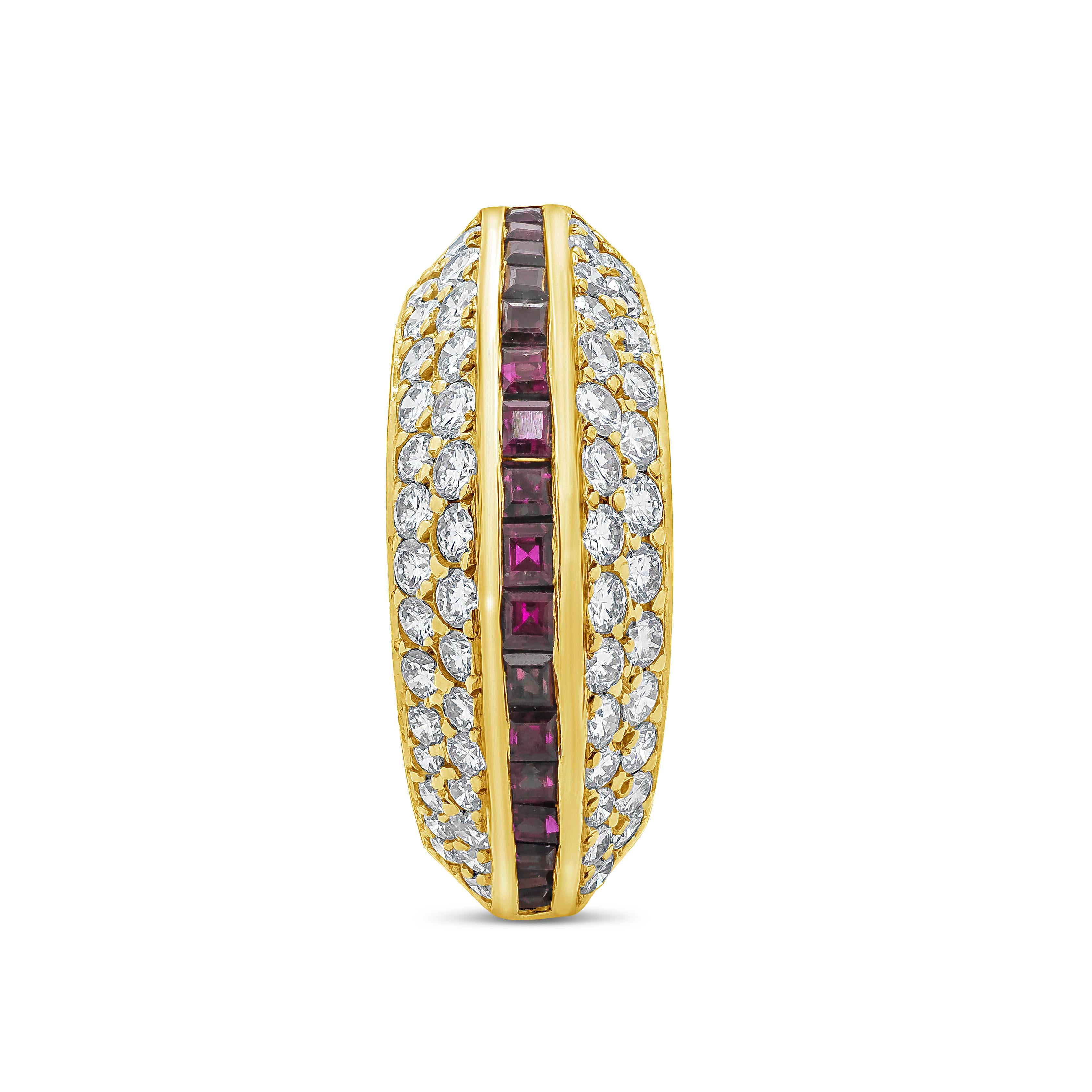 A unique and fashionable ring showcasing a row of square cut ruby, accented with round brilliant diamond set in a domed setting weighing 2.04 carats total. Finely made in 18K Yellow Gold. Size 6.5 US resizable upon request.

Style available in