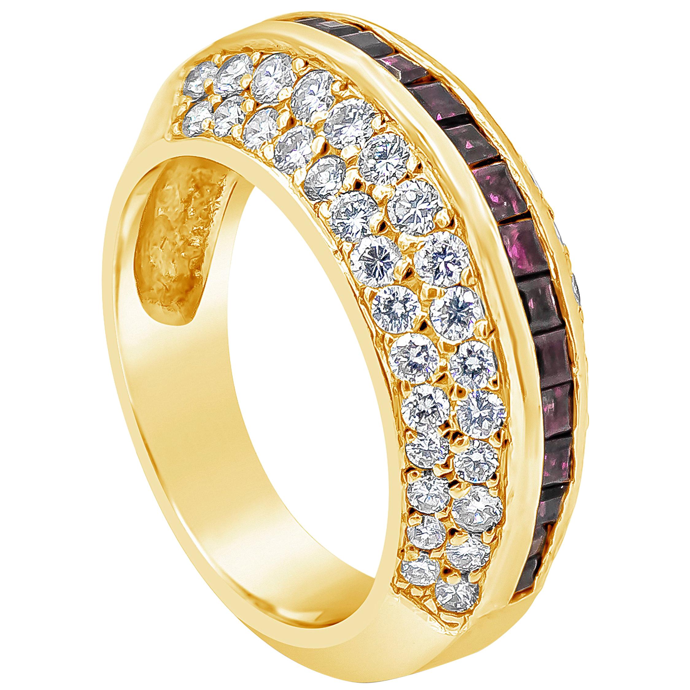 2.04 Carat Total Round Cut Diamond & Square Cut Ruby Fashion Ring in Yellow Gold