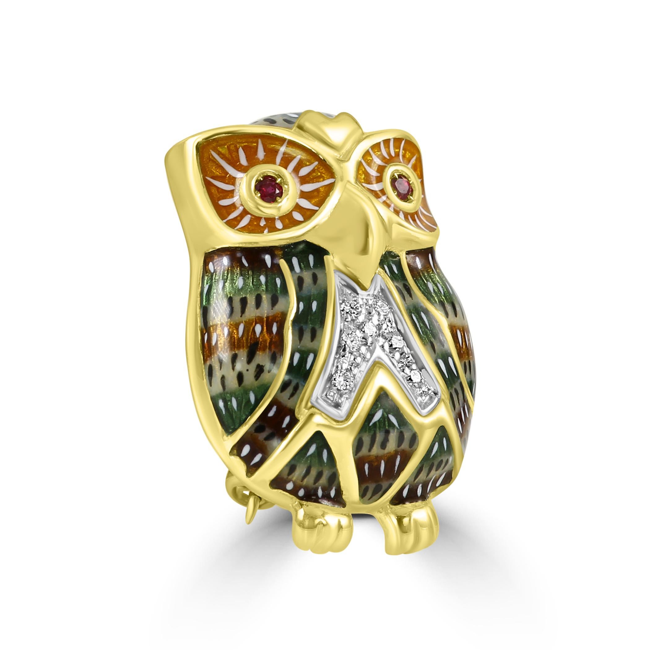 For all bird, animal, and nature lovers, here's our charming & unique Enamel, Diamond, & Ruby Owl brooch. 

This brooch features the owl's body adorned with colorful enamel fully hand done in Italy by master artisans. 

For the eyes, the owl has 2