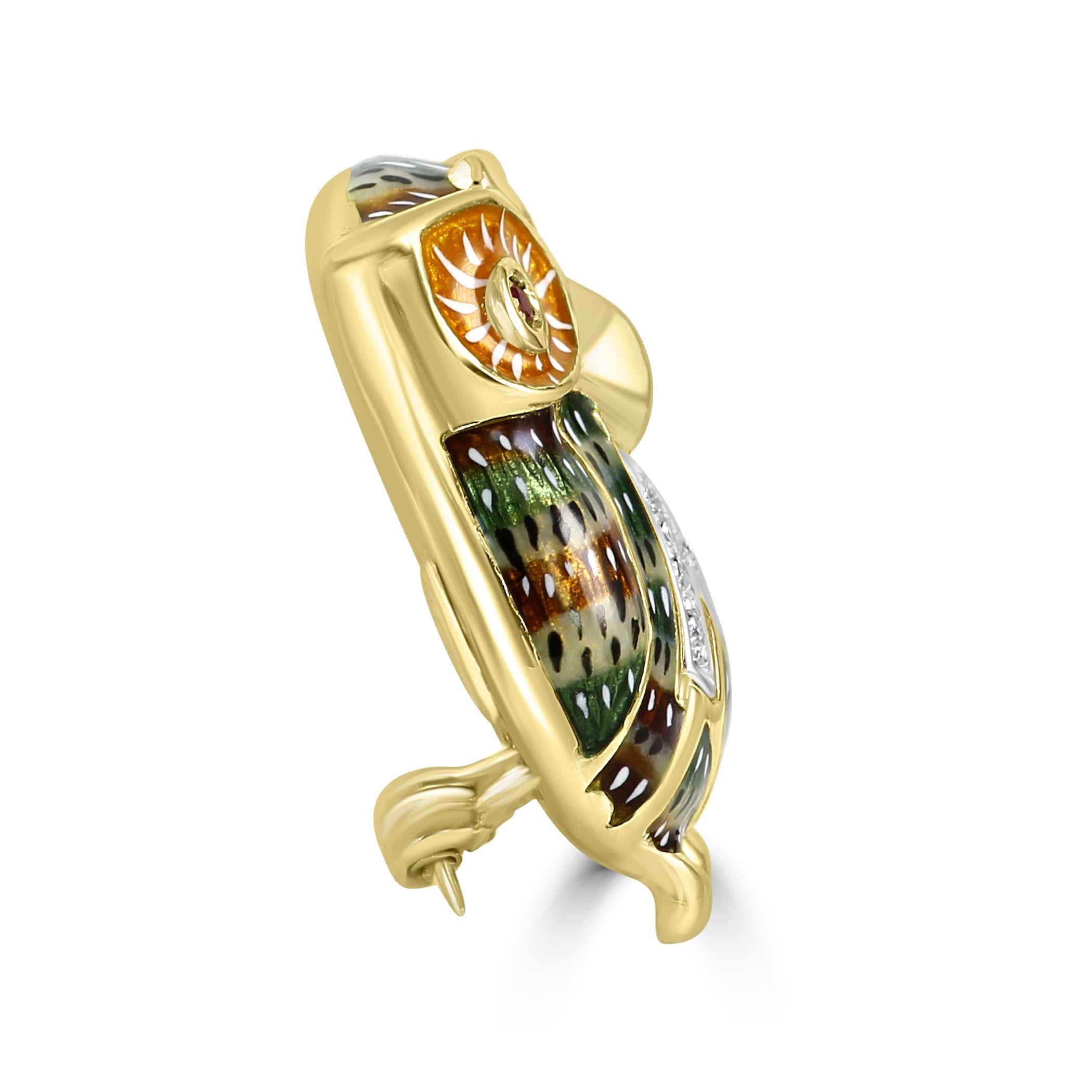 Art Deco Ruby & Diamond Multi-Color Enamel 18 Karat Yellow Gold Colorful Owl Brooch For Sale