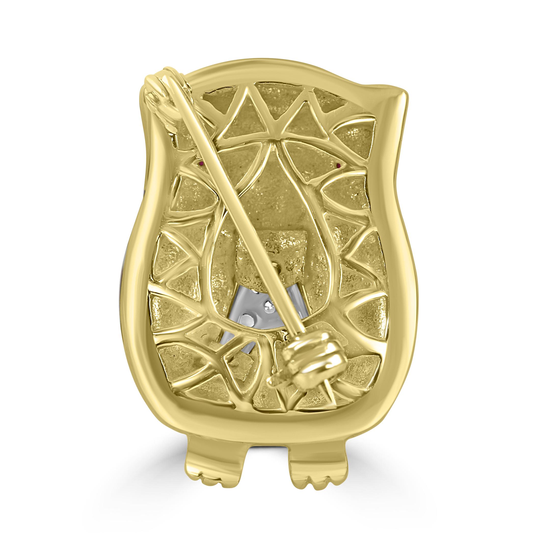 Round Cut Ruby & Diamond Multi-Color Enamel 18 Karat Yellow Gold Colorful Owl Brooch For Sale