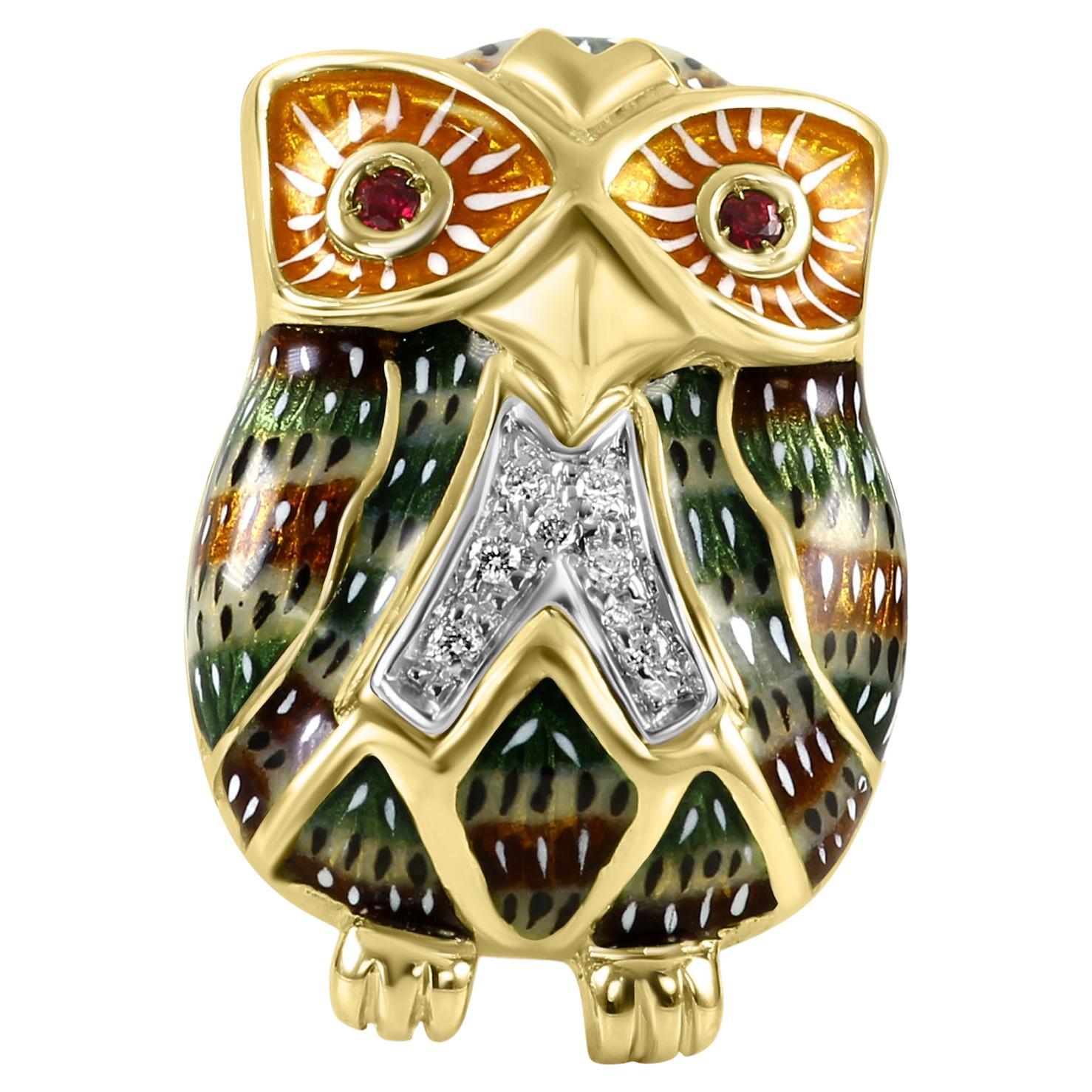 Ruby & Diamond Multi-Color Enamel 18 Karat Yellow Gold Colorful Owl Brooch