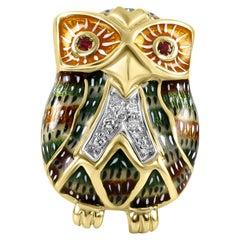 Ruby & Diamond Multi-Color Enamel 18 Karat Yellow Gold Colorful Owl Brooch