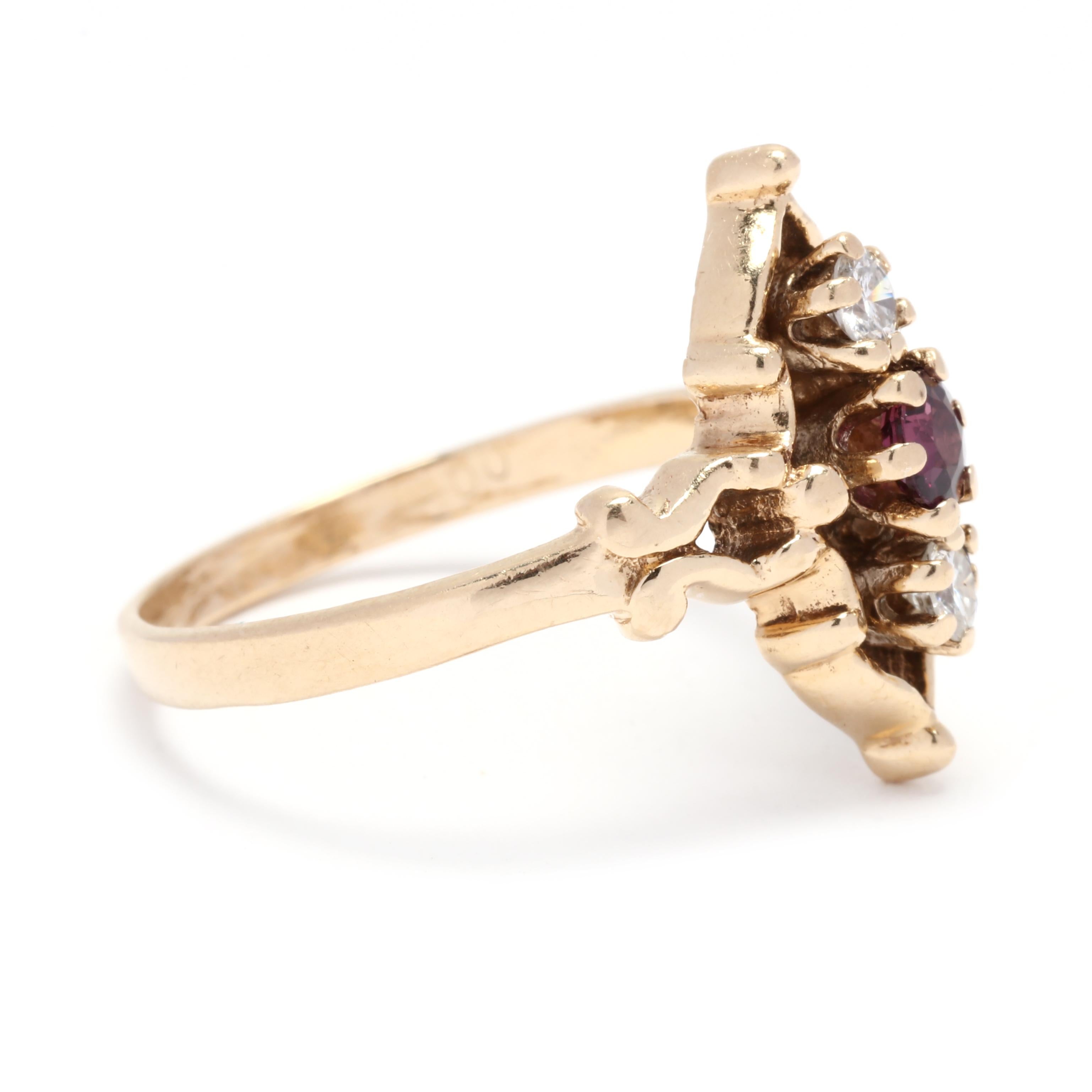 Stones:
- ruby, 1 stone
- round cut
- 3.5 mm
- approximately .25 carat

- diamonds, 2 stones
- round brilliant cut
- 2.75 mm
- approximately .15 total carats
- F-G color, SI2-I1 clarity

Ring Size 6.5

Rise Off Of Finger: 4 mm

Length: 5/8