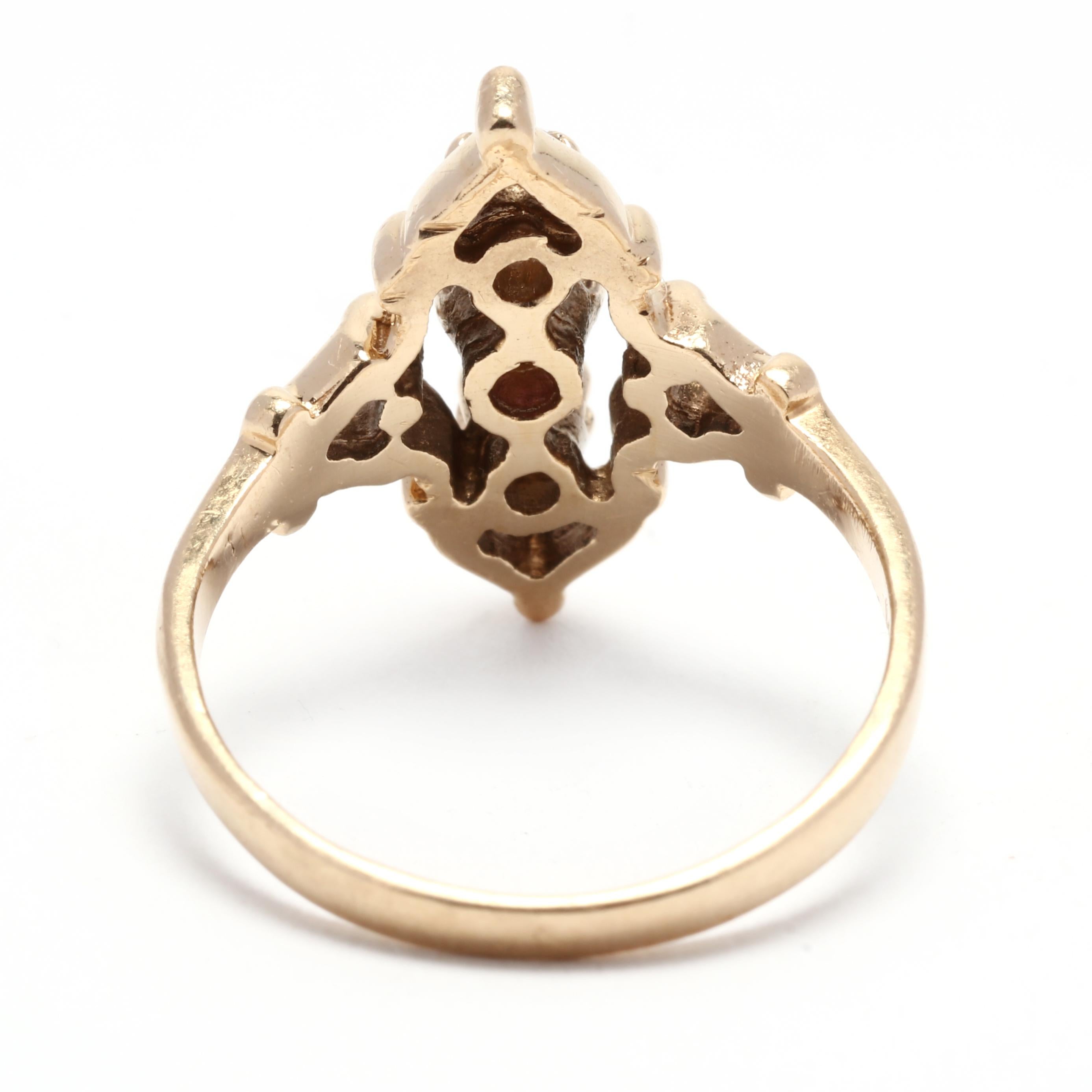 Round Cut Ruby Diamond Navette Ring, 14K Yellow Gold, Ring Size 6.5, Diamond Statement